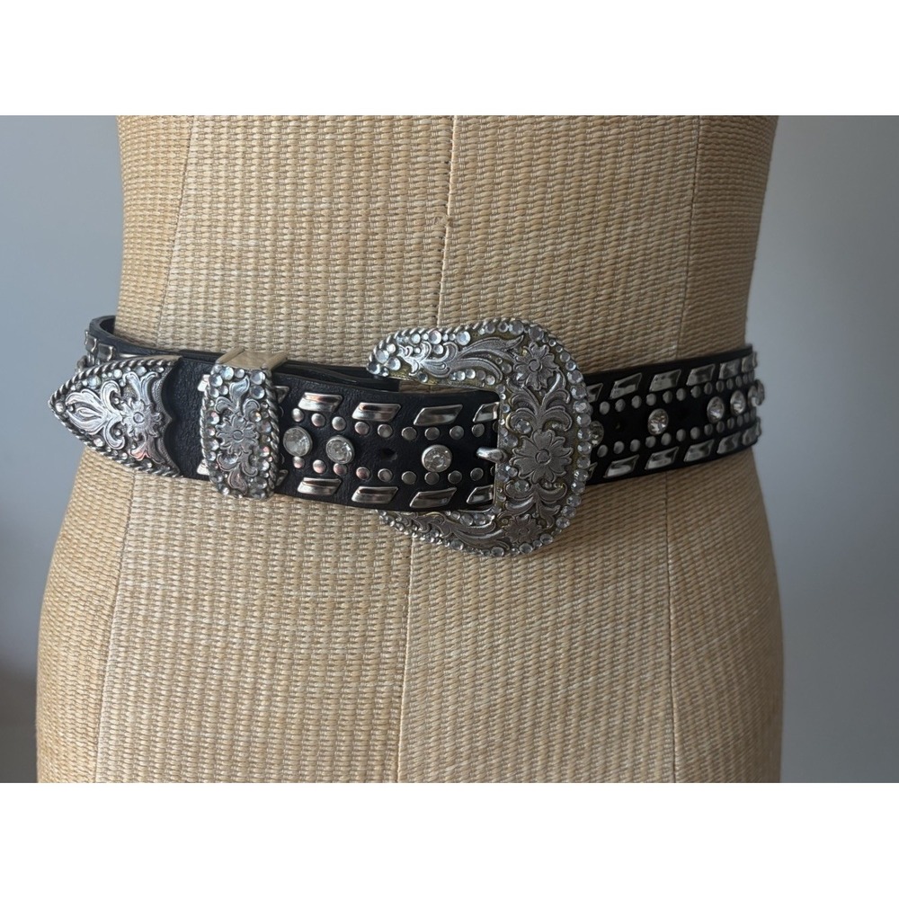 Y2K Nocona Cowgirl Belt Rhinestone Black Leather Silver Buckle Bling Small